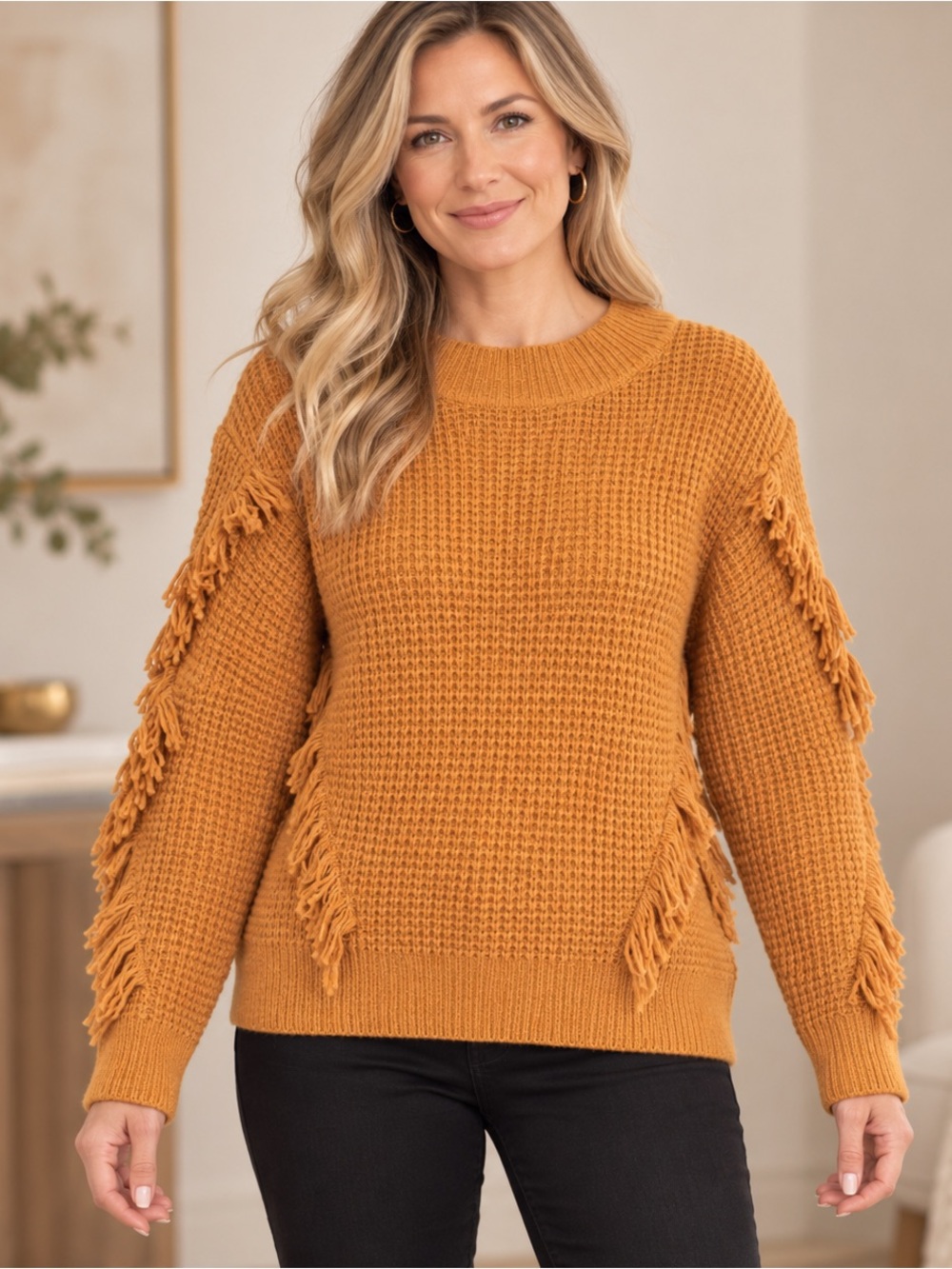 Michael Kors Mustard Fringe Crewneck Sweater